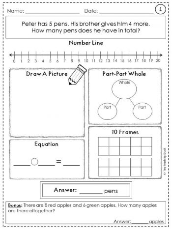 First Grade Math:
Word Problems and Strategies Worksheets